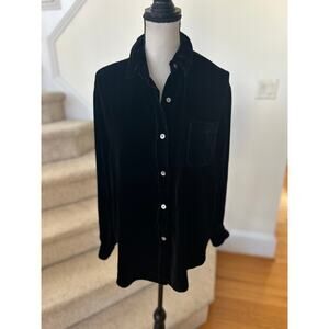 Vintage 90s Black Crushed Velvet Silk Blend Long Sleeve Button Down